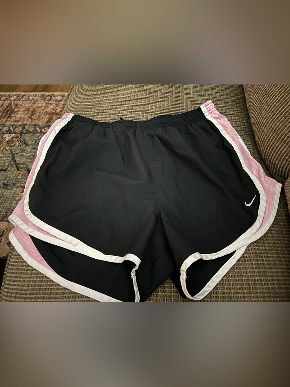 Nike Women's Black Athletic Shorts with White Trim and Light Pink Side Panels